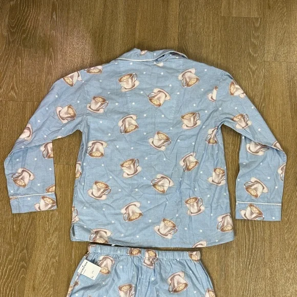 PJ Salvage Flannel Pajama Set Coffee Women Sky Blue Top & Pants size small - Picture 4 of 9
